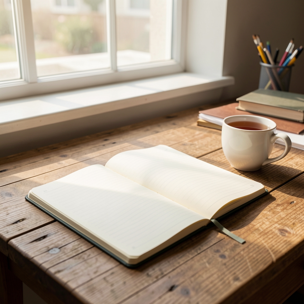 Notebook open on a wooden desk in morning daylight, editorial workspace composition with plant in background