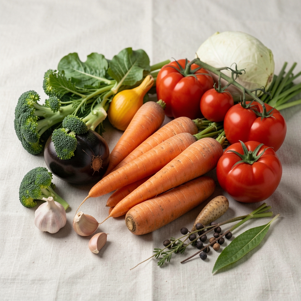 Seasonal vegetables arranged on a pale linen surface, editorial still life composition in natural window light