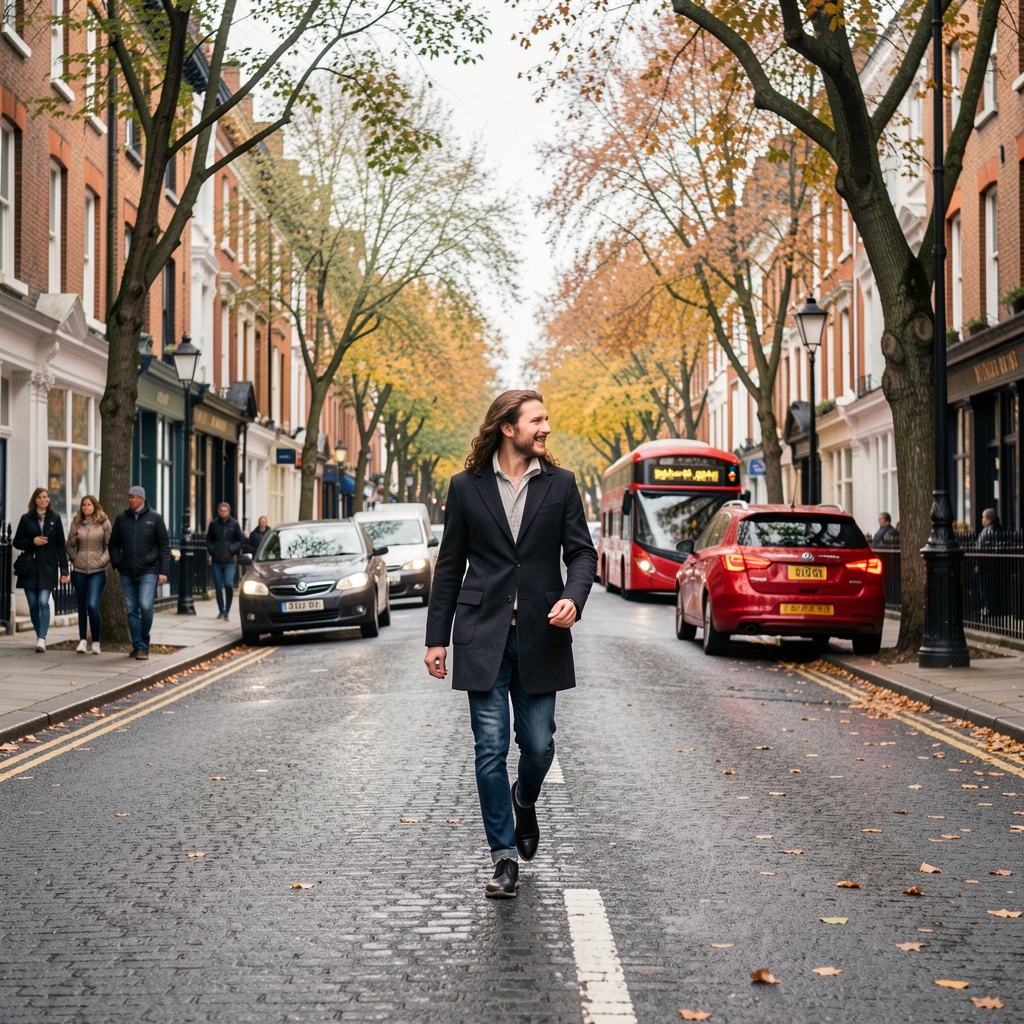 Active morning walk on a London street, street-level photography with natural overcast light and seasonal trees
