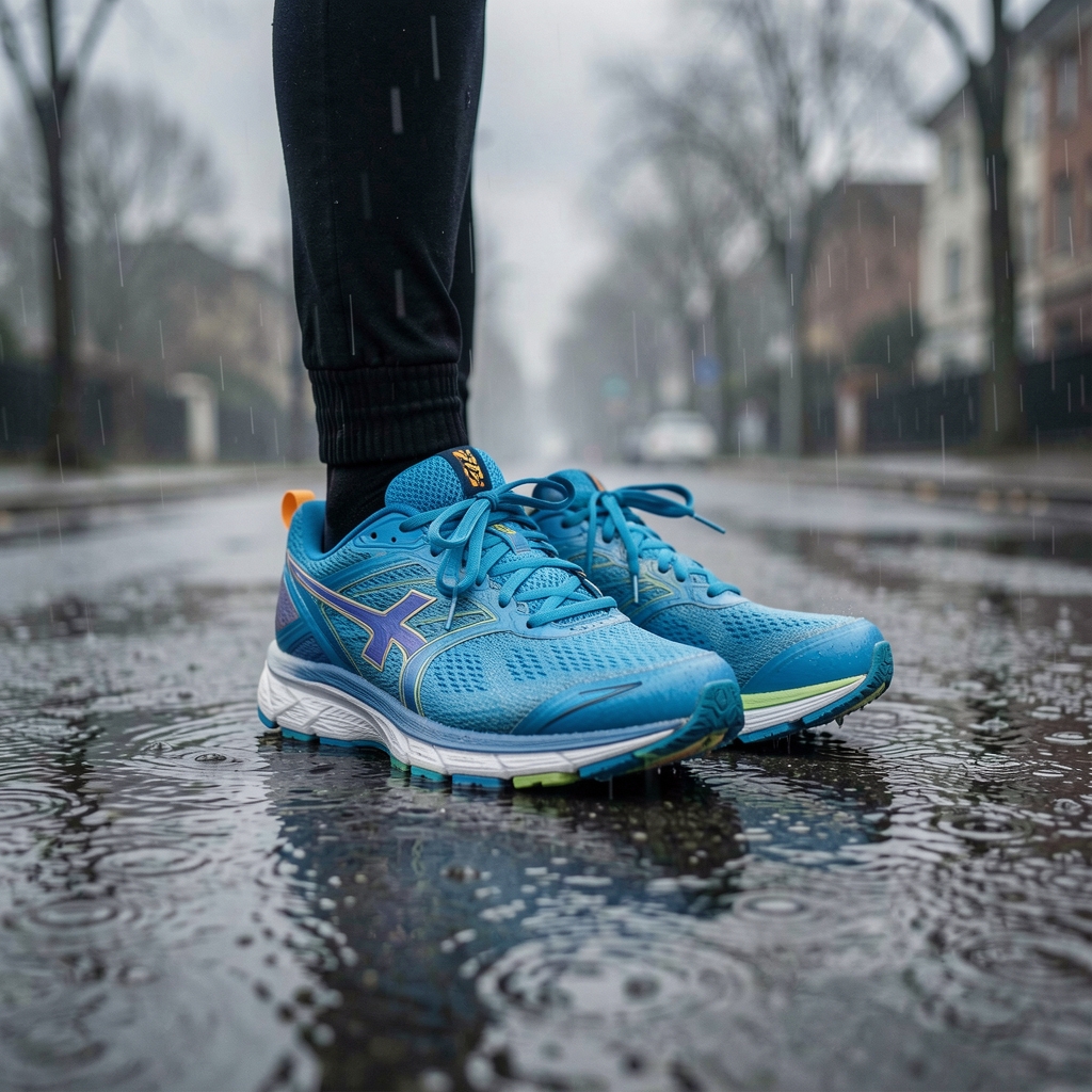Running shoes on a wet London pavement in overcast morning light, active lifestyle editorial
